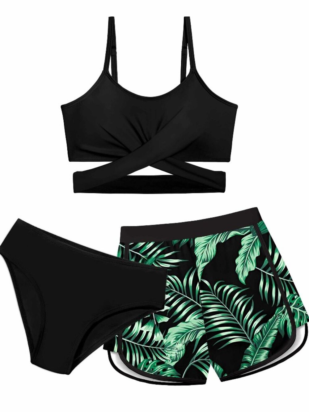 Criss Cross Bikini 3 Piece Black Tropical Print Girls N3557